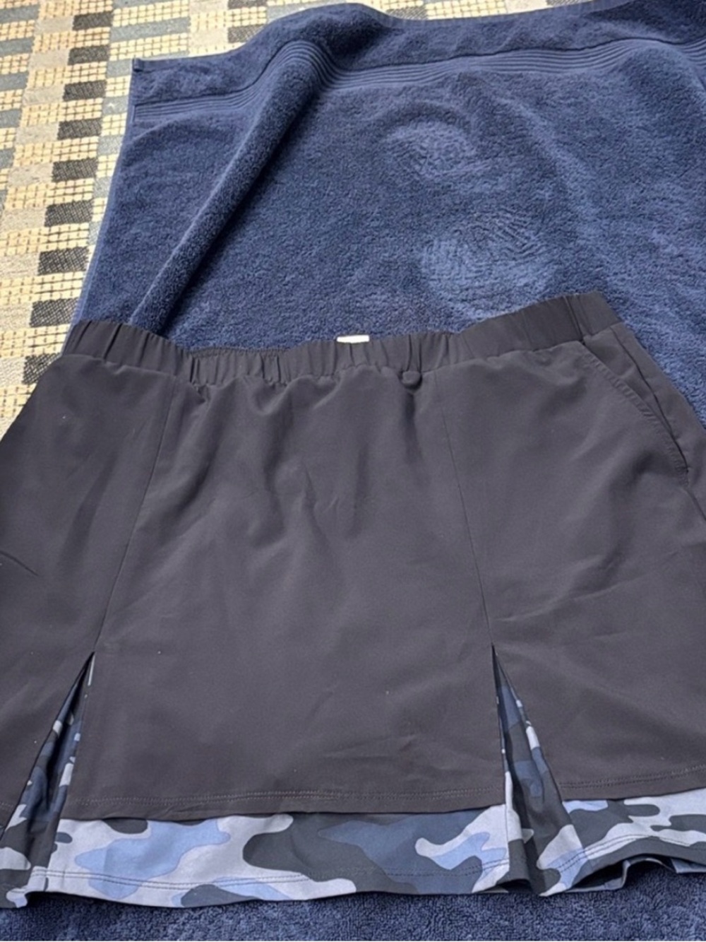 Chicos navy SET of Athletic Skort and matching jacket with Blue Camo Trim.